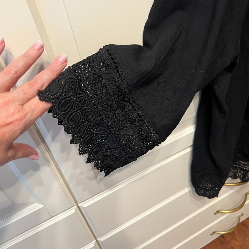 ELLOS Black ¾ Sleeve Crochet Trim Pintucked Blouse (Size 1X – 22/24) - Picture 4 of 8